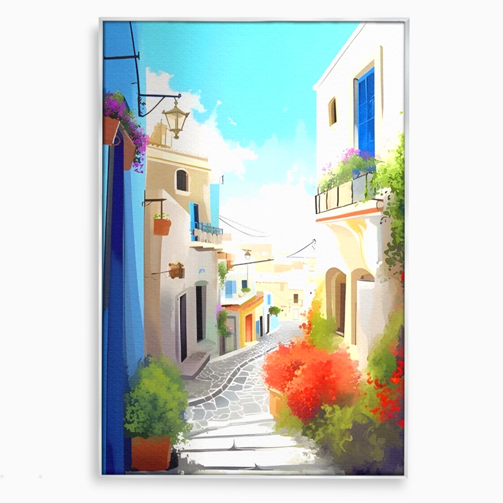 Tablou canvas cu ilustratie digitala cu strada mediteraneana, in rama de aluminiu argintiu